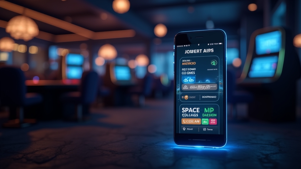 Smartphone showing Android and iPhone casino app download screens in a dark casino setting