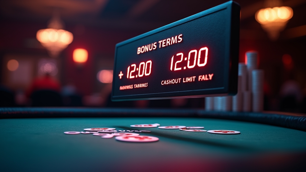 Casino bonus terms board showing expiry, wagering, and cashout limits