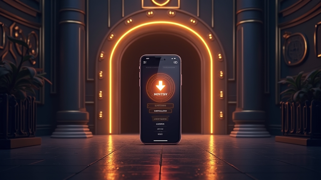 Smartphone showing a casino app download button with a dark neon casino backdrop