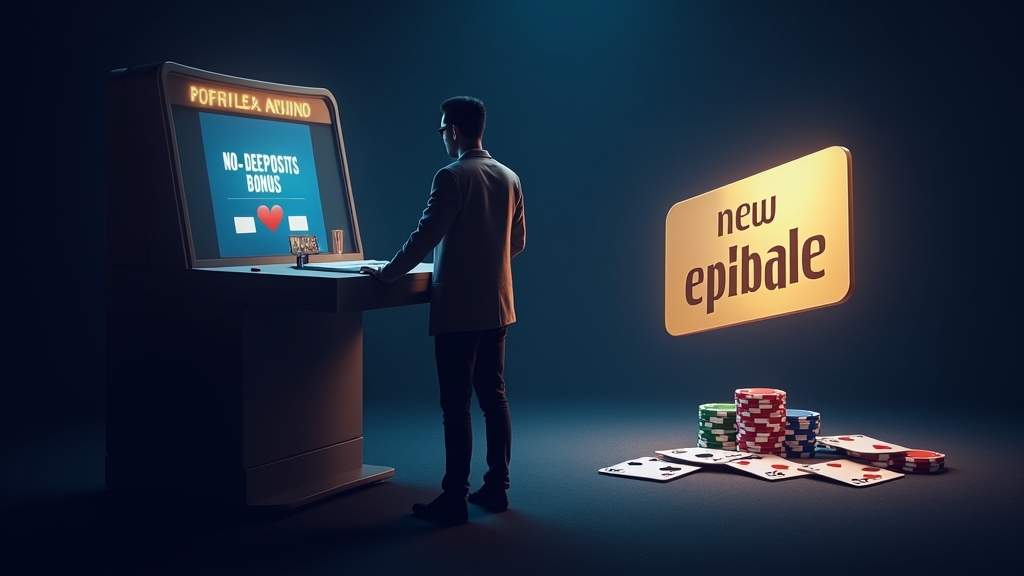 New player at a casino kiosk with a glowing no-deposit bonus card