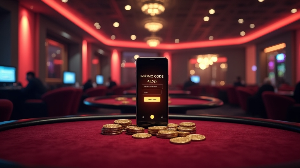 Glowing promo code panel in a dark casino lobby with bonus chips and a phone screen