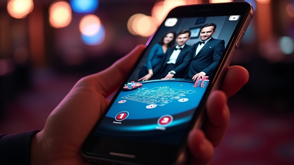 Mobile phone showing a live dealer table with clear betting buttons and stream
